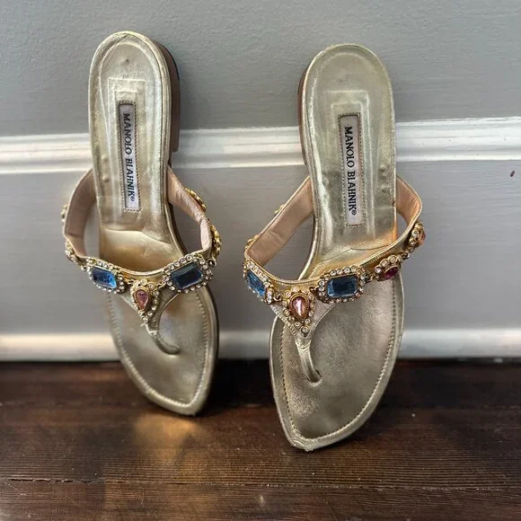 Manolo Blahnik Gold Leather Jeweled Flats - sz 38 (runs small - best for a 37) - Picture 8 of 10